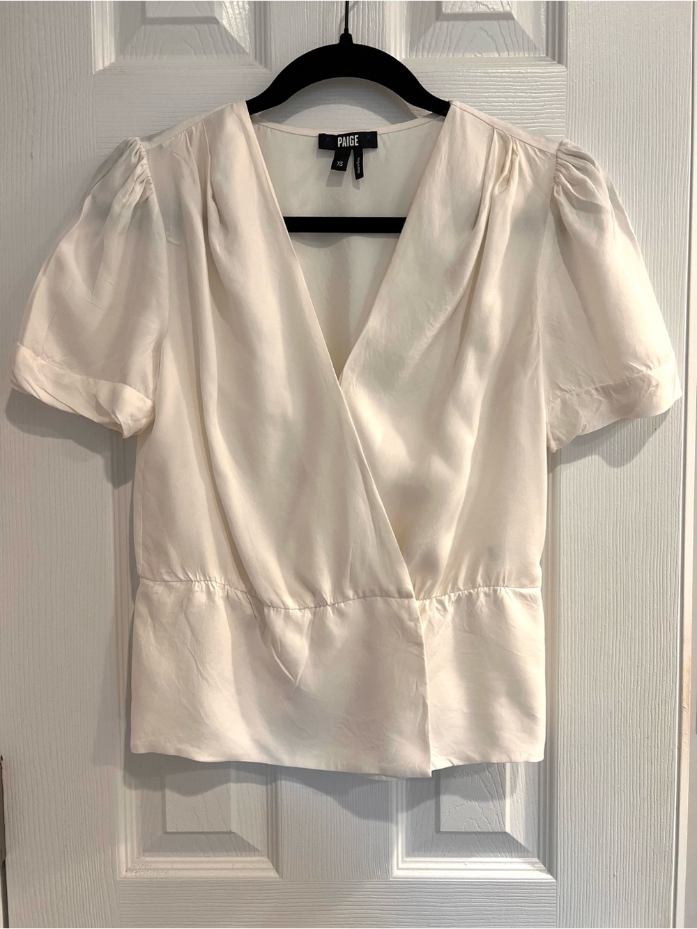 PAIGE Ivory Cupro Wrap Puff Sleeve Blouse Top Feminine NWOT White Cream Shirt